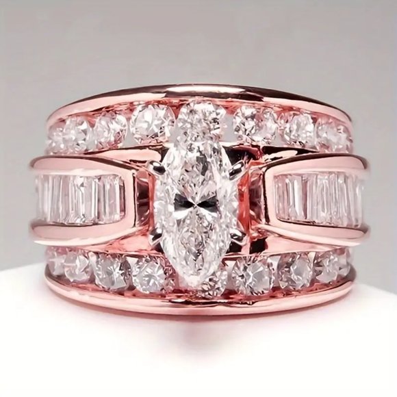 Sparkling Three Row White Zircon Engagement Ring For Women Delicate Jewelry - Picture 1 of 1